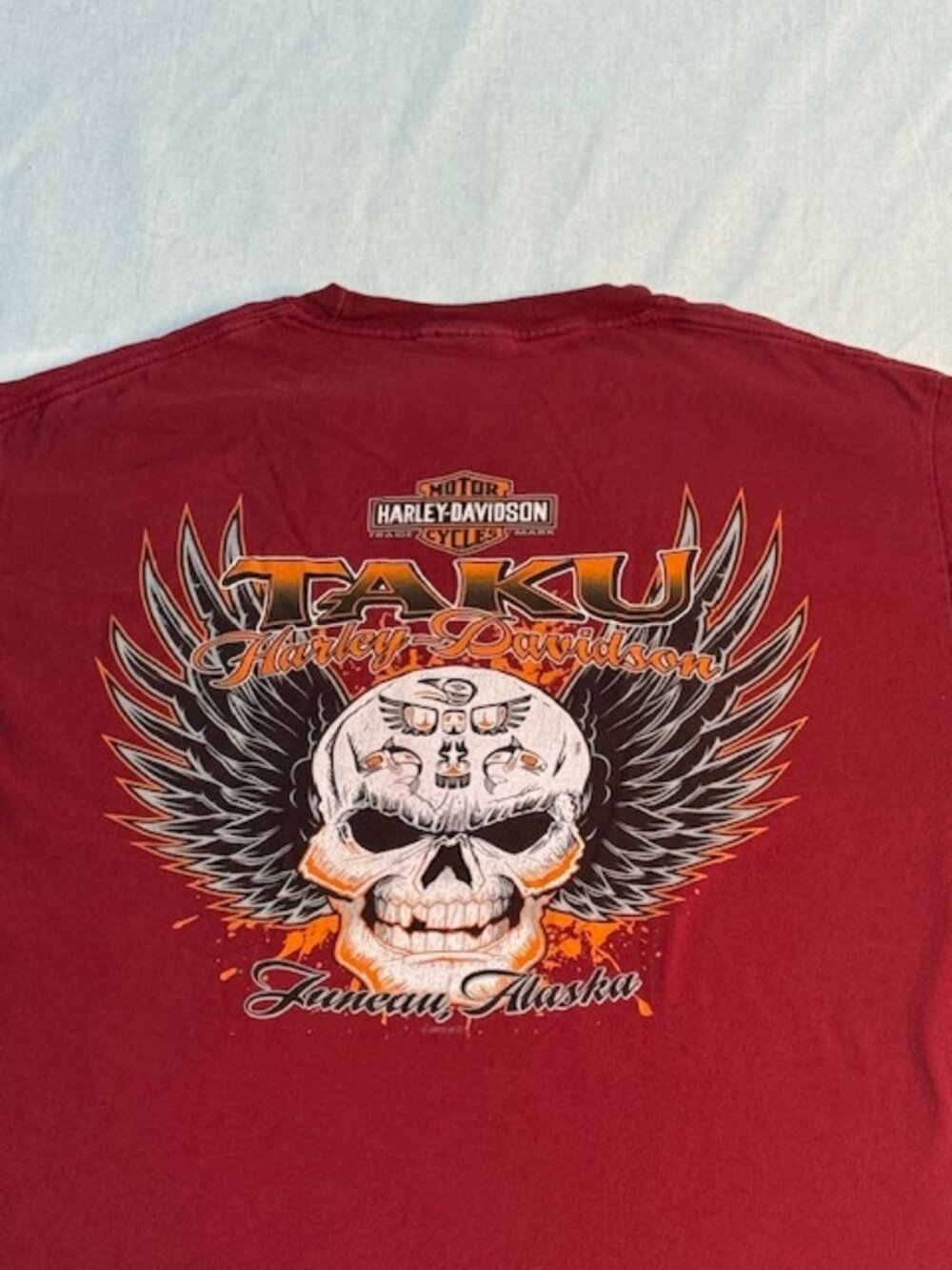 Harley Davidson T Shirt Mens Large Red Taku Juneau Alaska Eagle Skull Biker Tee